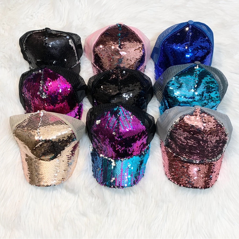 C.C Sequin Pony Tail Cap (Adjustable Strap), Baseball Cap, Sparkly Cap, CCHats
